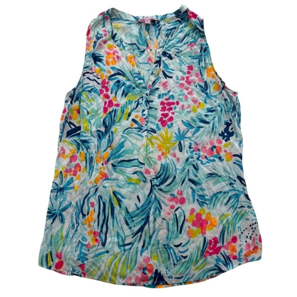 Lilly Pulitzer Sleeveless Top Women Size L Blue Pink Tropical Palm V-Neck Blouse